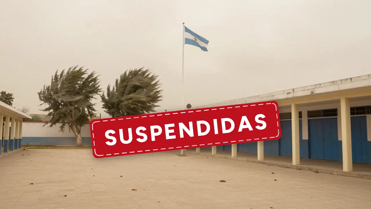Ilustración generada con IA: El patio vacío de una escuela durante el viento Zonda, con la bandera al viento y el sello «Suspendidas»